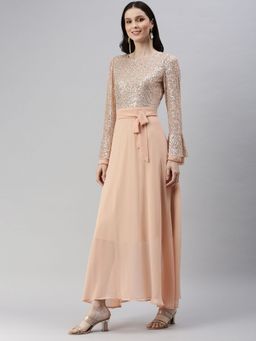 SHOWOFF - Womens Maxi Embellished Peach Round Neck Maxi Dress