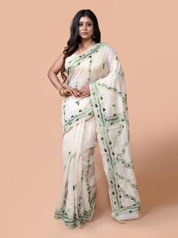 LAA CALCUTTA - Green Hand Woven Embroidered Kantha Stitch Saree for Women Without Blouse