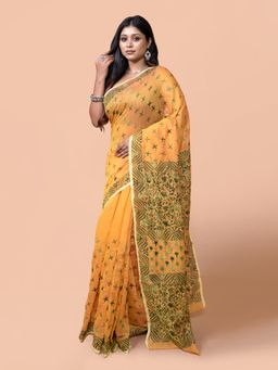 LAA CALCUTTA - Mustard Chanderi Silk Embroidered Kantha Stitch Saree for Women Without Blouse