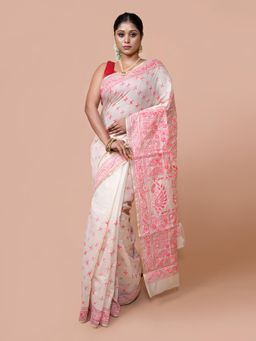 LAA CALCUTTA - Off White Hand Woven Embroidered Kantha Stitch Saree for Women Without Blouse