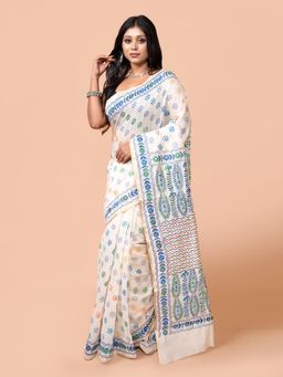 LAA CALCUTTA - Off White Hand Woven Embroidered Kantha Stitch Saree for Women Without Blouse