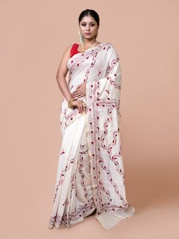 LAA CALCUTTA - Off White Hand Woven Embroidered Kantha Stitch Saree for Women Without Blouse