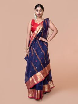 LAA CALCUTTA - Navy Blue Pure Cotton Woven Design Zari Per Tant Saree for Women