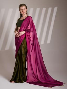 Modeva - Colorblocked Chiffon Saree with Tassels with Unstitch Blouse