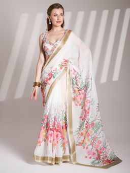 Modeva - Floral Printed Linen Saree with Unstitch Blouse
