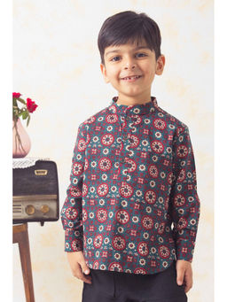 TIBER TABER - Boys Indie Print Cotton Short Kurta Green