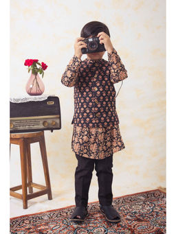 TIBER TABER - Boys Printed Cotton Kurta Bundi Pants Black (Set of 3)