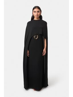 BEYOND - Womens Viscose Solid Black Dress With Cape And Belt