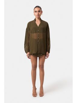 BEYOND - Olive Semi Sheer Organza Shirt