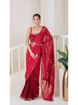 Ritivesh - Red Hand Embroidered Pre-Draped Saree with Stitched Blouse and Belt