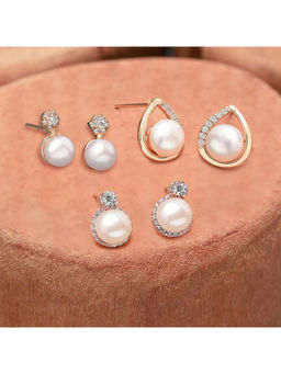 Zaveri Pearls - Set of 3 Rose Gold Contemporary Cubic Zirconia Stud Earrings-ZPFK13497