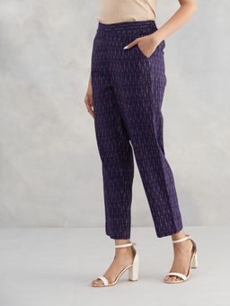 Fabindia - Navy Blue Printed Cotton Casual Tapered Pants