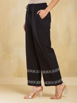 Fabindia - Black Cotton Chikankari Slim Fit Casual Pants