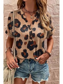 PARTIQ - Beige Leopard Folded Short Sleeve Buttoned V Neck T-Shirt