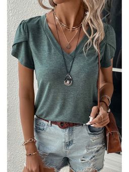 PARTIQ - Green Petal Sleeve V Neck T-Shirt