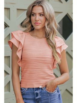 PARTIQ - Peach Wavy Textured Ruffle Sleeve Top