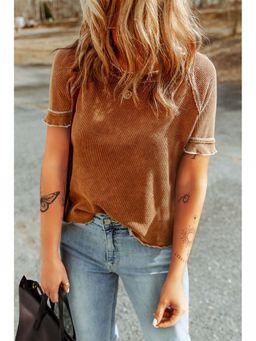 PARTIQ - Brown Seam Frilly Edge Waffle Knit T-Shirt