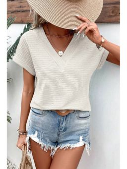 PARTIQ - Off White Textured Wide Sleeve V Neck T-Shirt