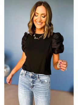 PARTIQ - Black Ruched Puff Sleeve Crew Neck Top