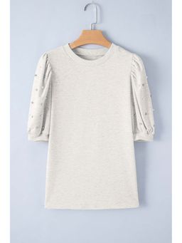 PARTIQ - Light Grey Rhinestone Pearl Puff Sleeve Top