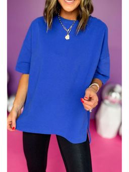 PARTIQ - Dark Blue Short Sleeve Side Slit T-Shirt