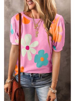 PARTIQ - Pink Flower Print Bubble Sleeve Top