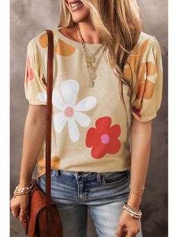 PARTIQ - Beige Flower Print Bubble Sleeve Top