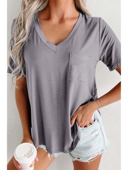 PARTIQ - Grey V Neck Pocketed Rounded Hem T-Shirt