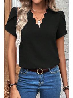 PARTIQ - Black Scalloped V Neckline Petal Sleeve Top