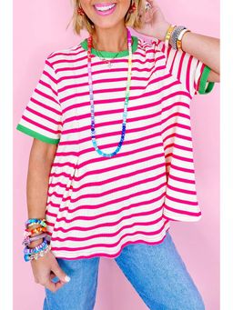 PARTIQ - White Stripes Trim Crew Neck Loose Short Sleeve T-Shirt