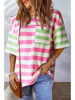 PARTIQ - Pink Stripe Contrast Patch Pocket Drop Sleeve T-Shirt