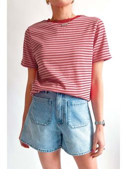 PARTIQ - Pink Stripe Crew Neck Casual T-Shirt