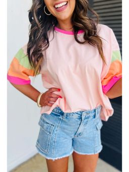 PARTIQ - Pink Colorblock Stitching Sleeve Round Neck Oversize T-Shirt