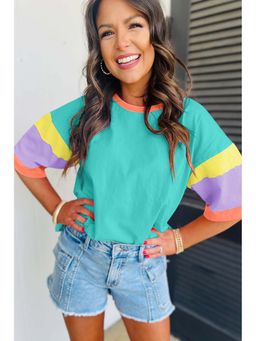 PARTIQ - Blue Colorblock Stitching Sleeve Round Neck Oversize T-Shirt