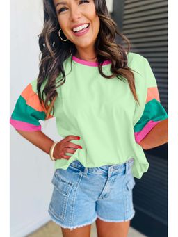 PARTIQ - Green Colorblock Stitching Sleeve Round Neck Oversize T-Shirt