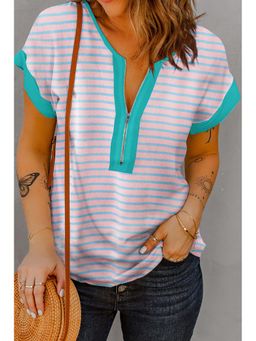 PARTIQ - Pink Stripe Contrast Trim Half Zip Short Sleeve Top