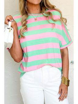 PARTIQ - Pink & Green Stripe Colorblock Cuffed Sleeve Loose T-Shirt