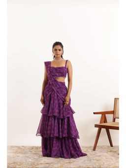 DEASHA INDIA - Aalia Purple Printed Ruffle Pre Drape Saree and Stitched Blouse