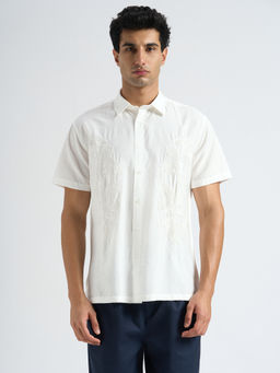 SELECTED HOMME - White Viscose Blend Embroidered Casual Shirt