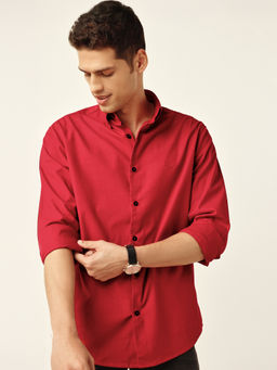 Andamen - Red Cotton Elastane Woven Oxford Slim Casual Shirt
