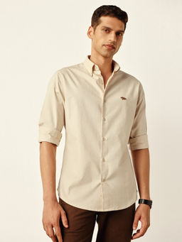 Andamen - Beige Cotton Elastane Woven Oxford Slim Casual Shirt