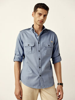 Andamen - Blue Pure Cotton Utility Twill Casual Shirt