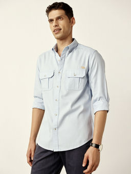 Andamen - Blue Pure Cotton Utility Twill Slim Casual Shirt