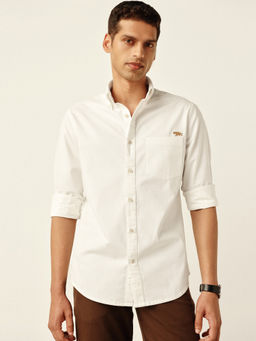 Andamen - Off White Cotton Elastane Woven Oxford Slim Casual Shirt