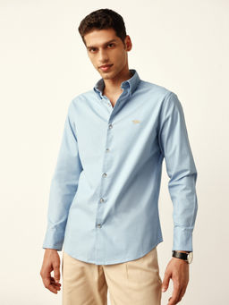Andamen - Blue Cotton Elastane Woven Oxford Slim Casual Shirt
