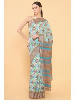 Soch - Women Turquoise Blue Chanderi Printed Saree with Unstitched Blouse