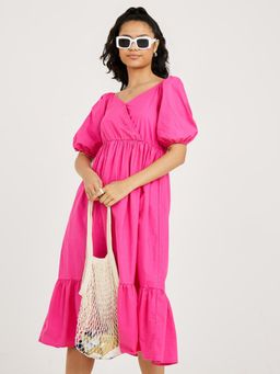 Styli - Pink Puff Sleeves Wrap Front Cotton A-Line Midi Dress