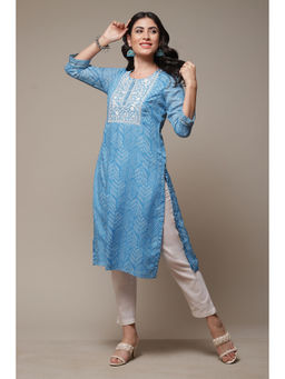 Biba - Womens Blue Printed Poly Kota Straight Kurta