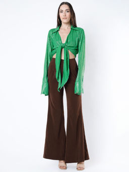 Deme - Bonfire Heart - Green Sequins Tie Up Shirt With Brown Micro Pants (Set Of 2)