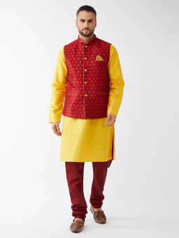 Vastramay - Men's Yellow And Maroon Silk Blend Jacket, Kurta And Pyjama Set (Set of 3)